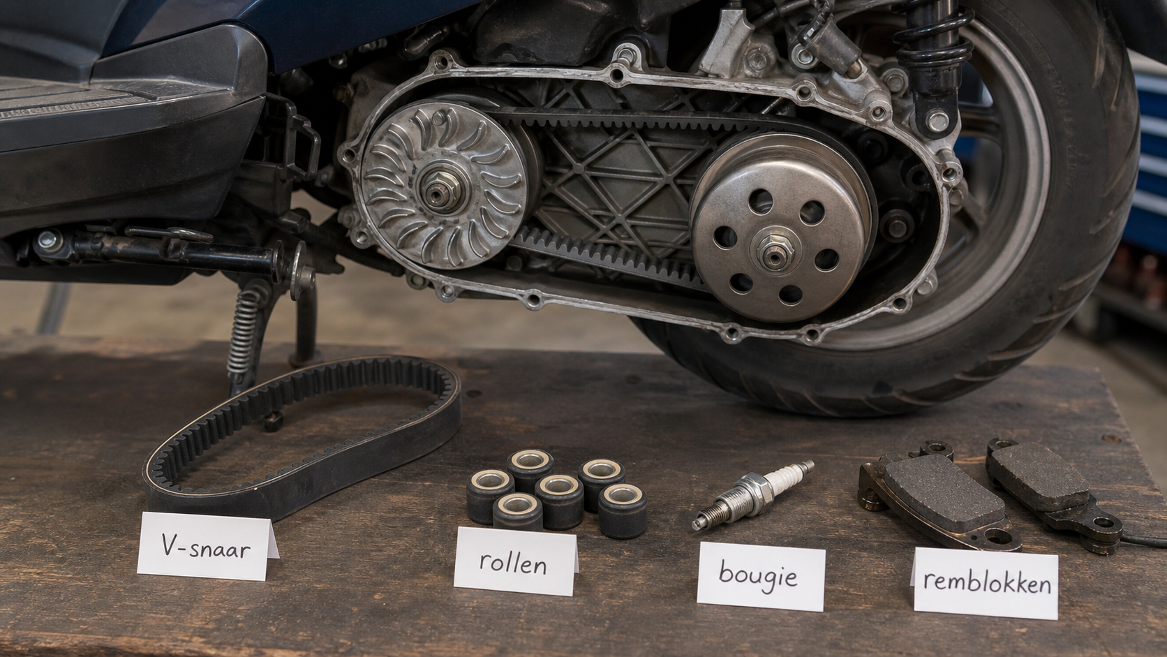 Scooteronderdelen op een werkbank voor model-fit controle