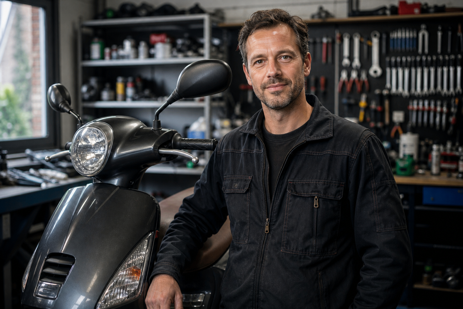 Jasper de Vries in een scooterwerkplaats