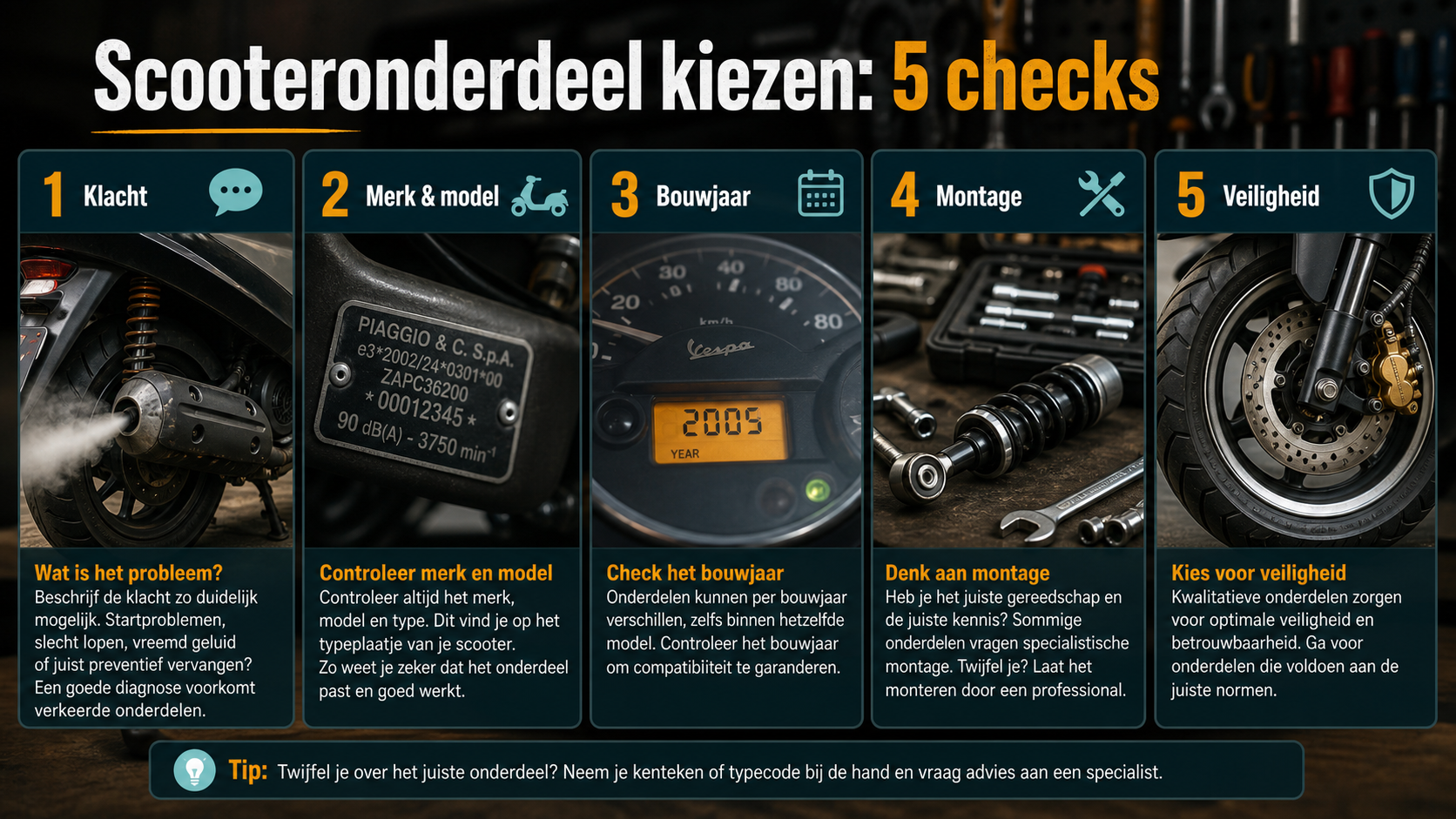 Infographic met vijf checks voor scooteronderdelen